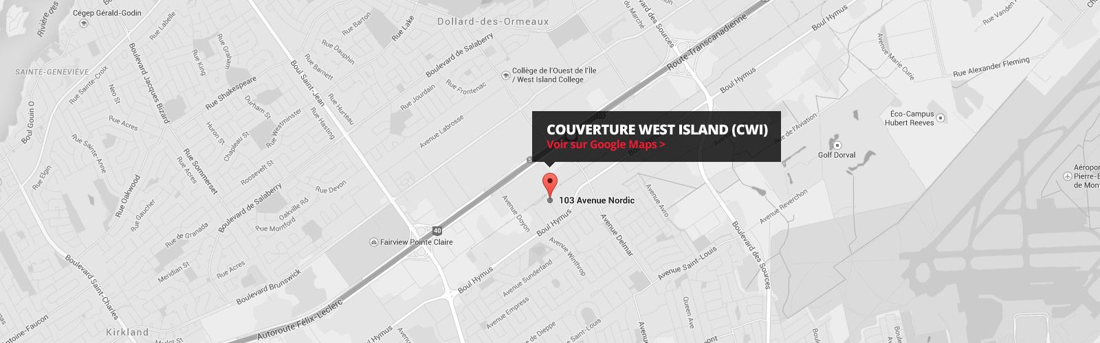 Carte du secteur de l'avenue Nordic à Pointe-Claire, avec le repère de Couvertures West Island